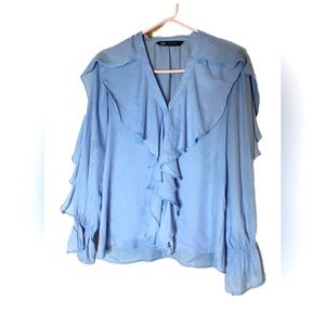 Zara baby blue, ruffled sleeved blouse size XS